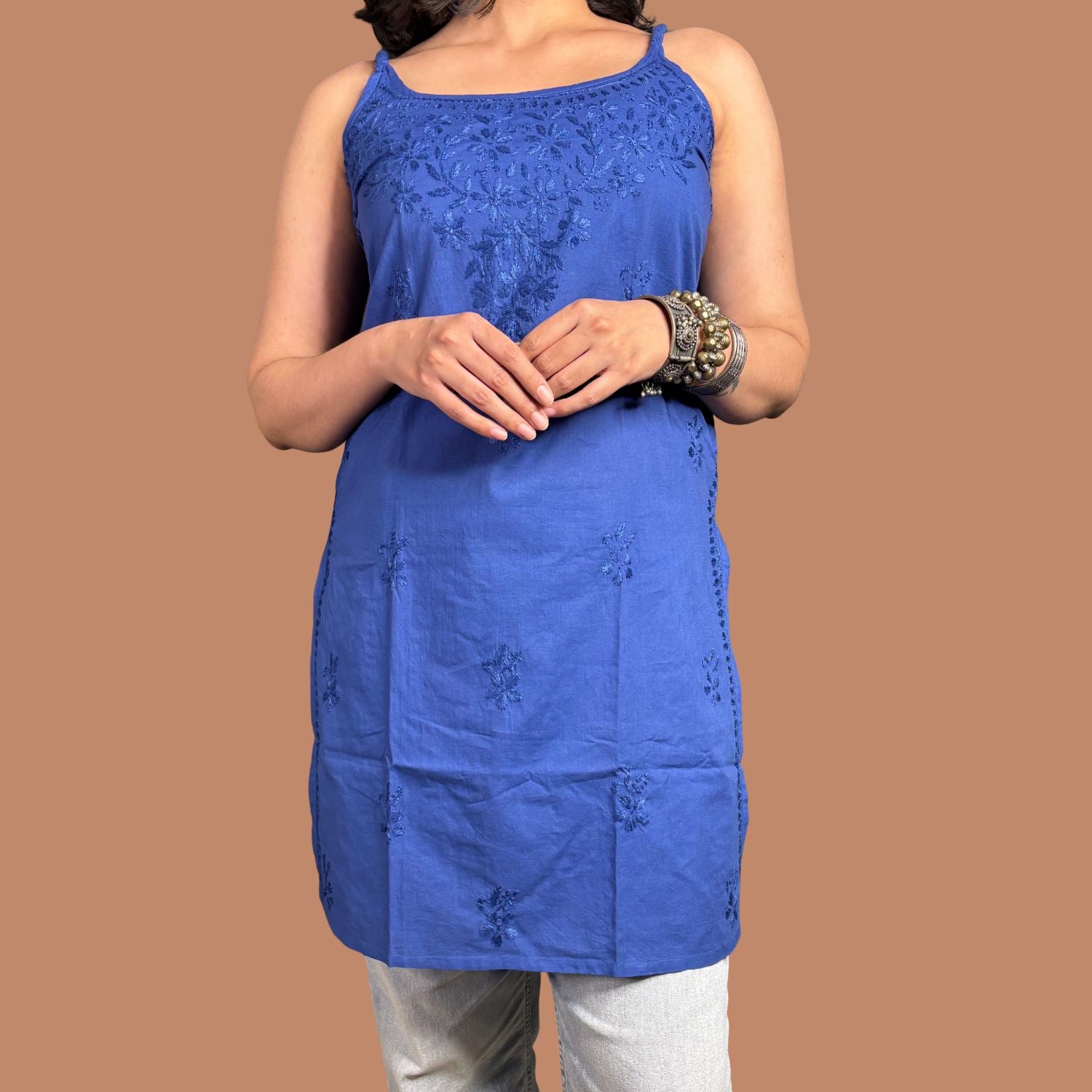 Women's Blue Chikankari Cotton Strap Straight Kurta