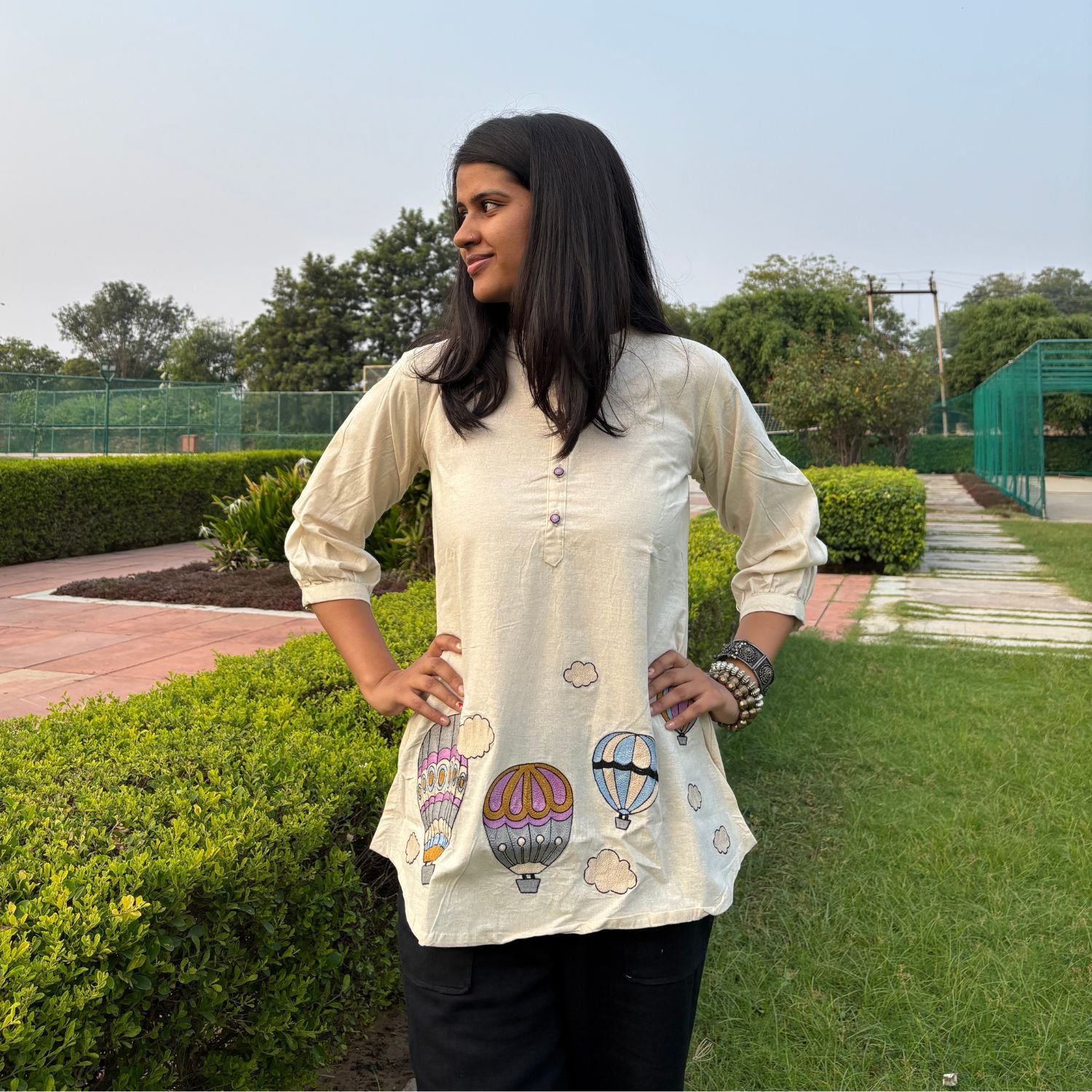 Off White Embroidery Cotton Top For Women 3/4th Sleeves