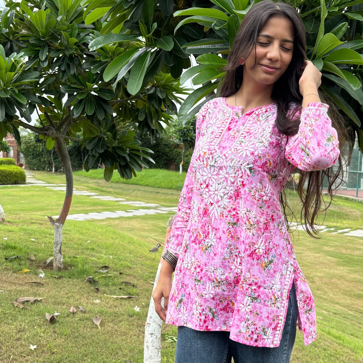 Pink Lucknowi Chikankari Printed Cotton Short Kurti For Women