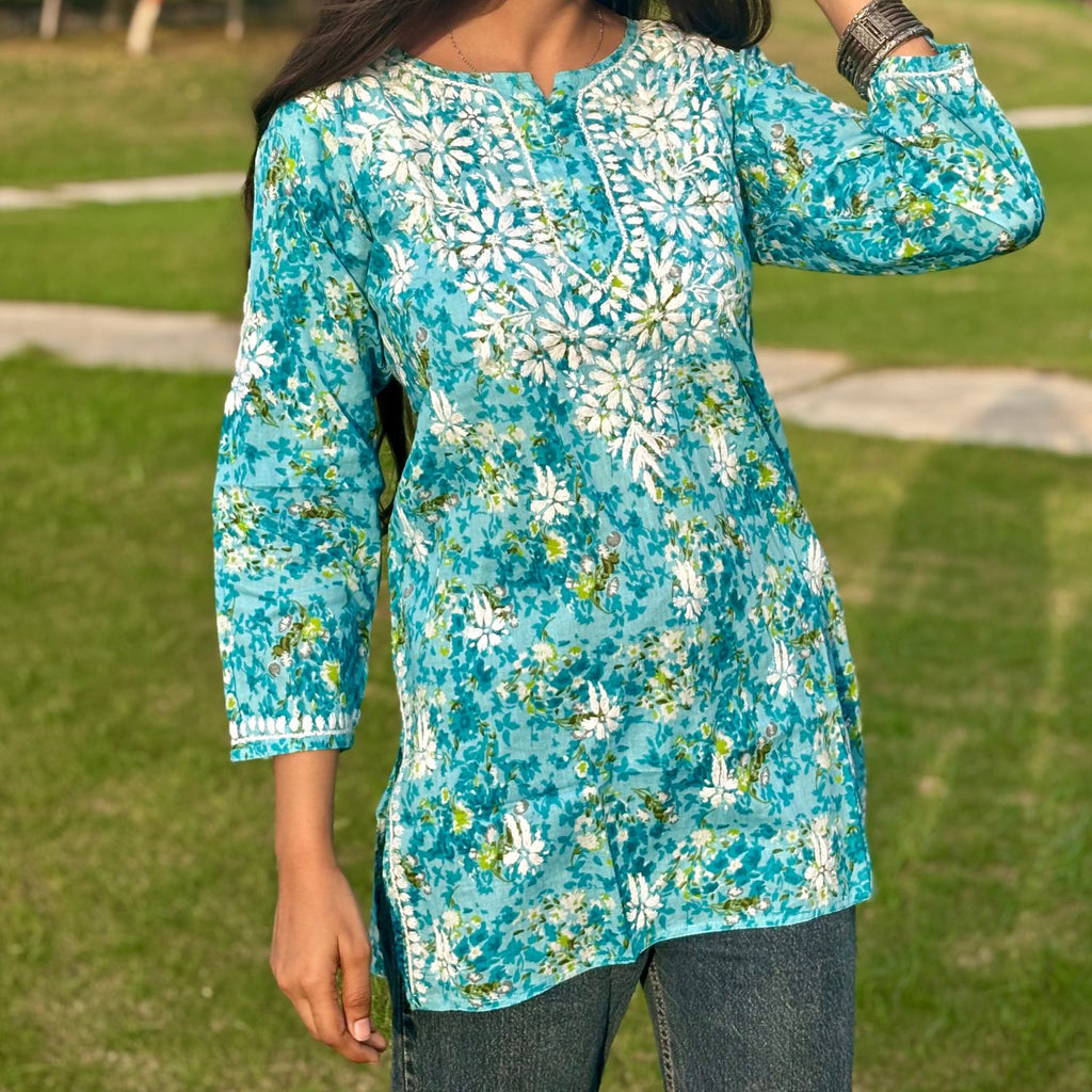 Turquoise Lucknowi Chikankari Printed Cotton Short Kurti For Women