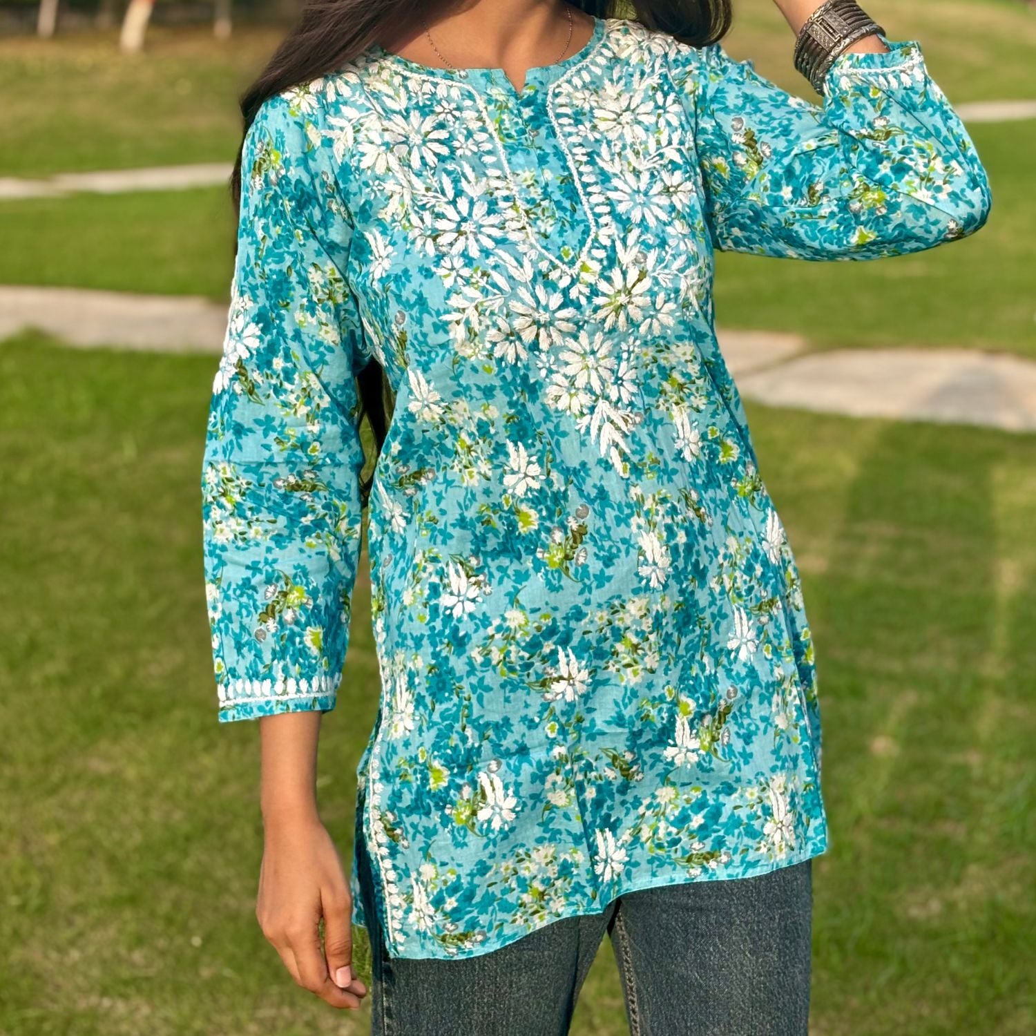 Turquoise Lucknowi Chikankari Printed Cotton Short Kurti For Women