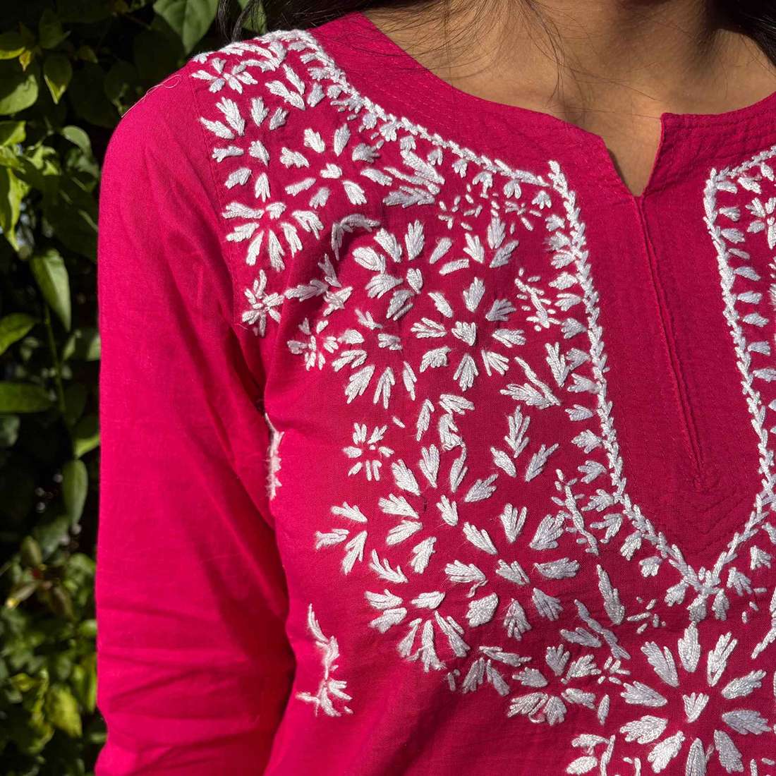 Rani Pink Lucknowi Chikankari Cotton Short Kurti For Women