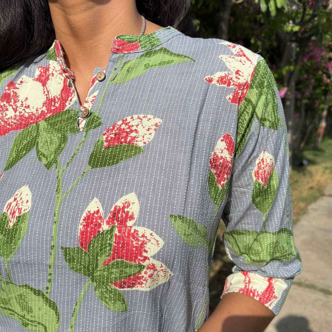 Grey Color Pure Cotton 3/4th Sleeves Kantha Work Floral Print Short Kurti For Women