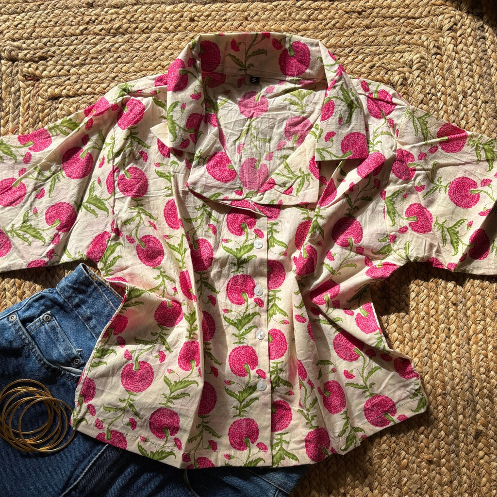 White & Pink Floral Print Pure Cotton Crop Shirt For Women