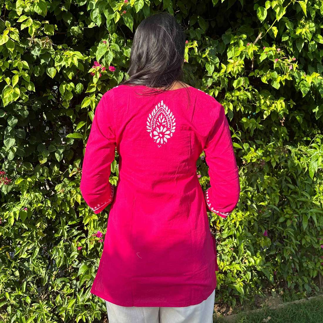 Rani Pink Lucknowi Chikankari Cotton Short Kurti For Women