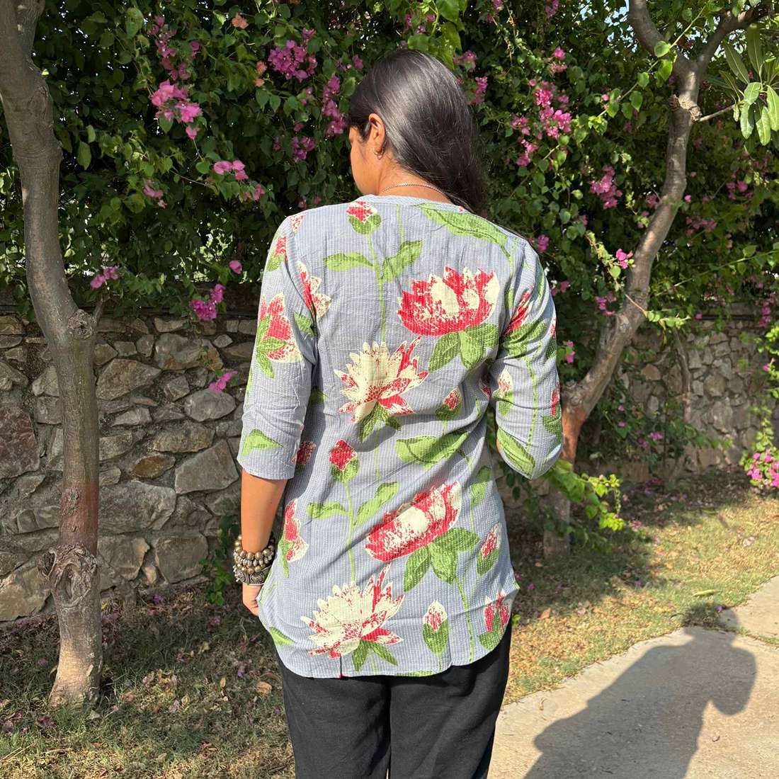 Grey Color Pure Cotton 3/4th Sleeves Kantha Work Floral Print Short Kurti For Women