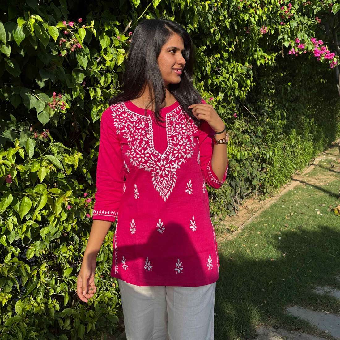 Rani Pink Lucknowi Chikankari Cotton Short Kurti For Women