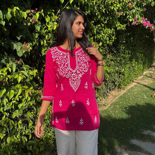 Rani Pink Lucknowi Chikankari Cotton Short Kurti For Women