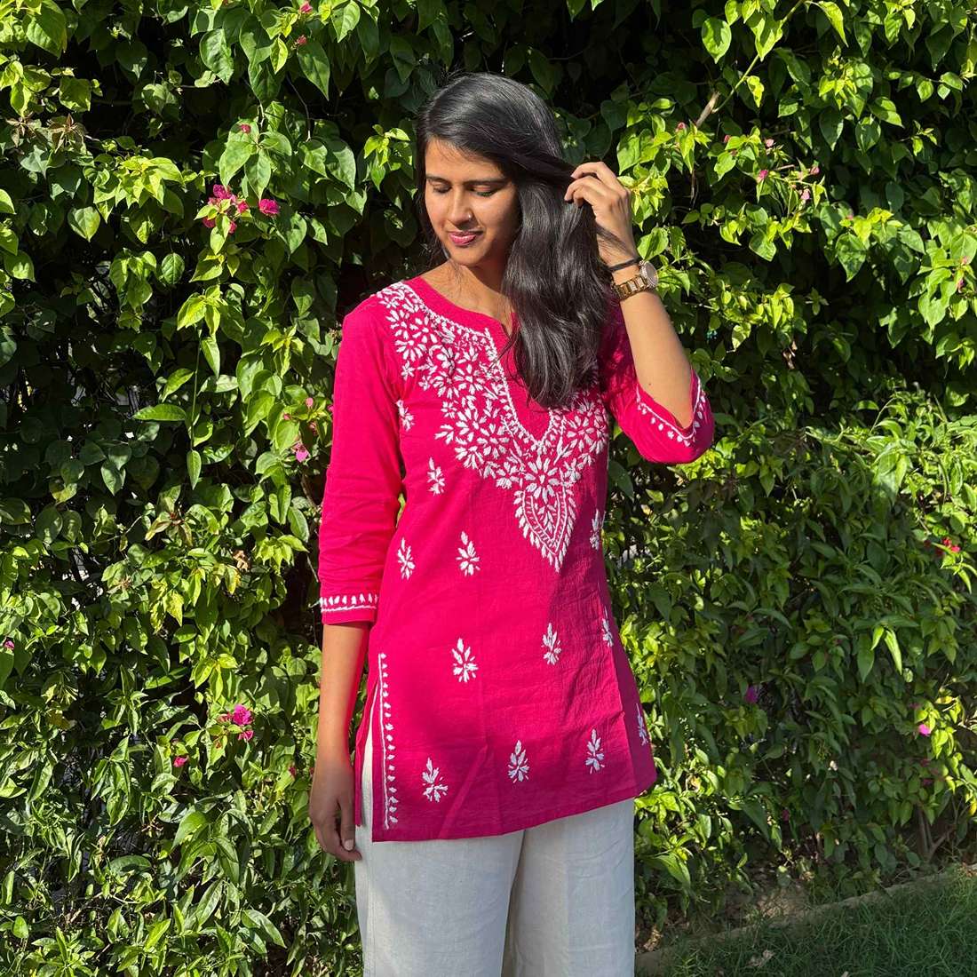 Rani Pink Lucknowi Chikankari Cotton Short Kurti For Women