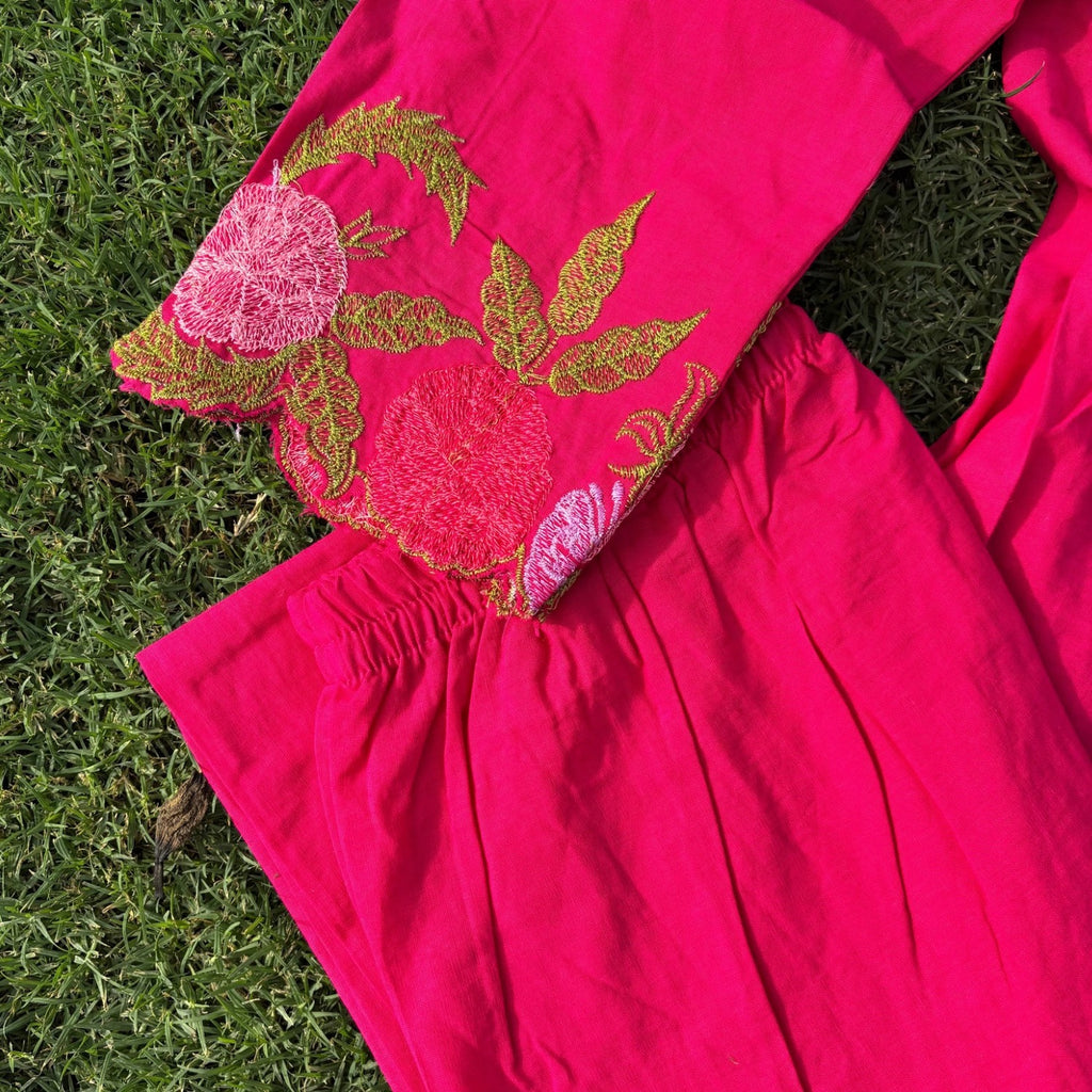 Rani Pink Pure Cotton Embroidered Co-ord Set With Printex Work For Women