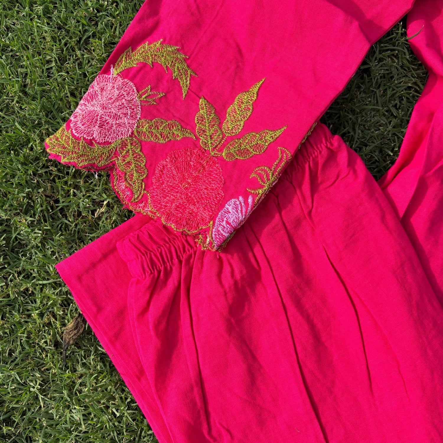 Rani Pink Pure Cotton Embroidered Co-ord Set With Printex Work For Women
