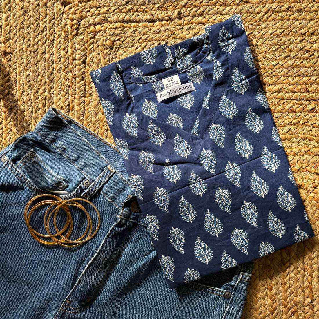 Cut Sleeves Pure Cotton Blue Color Jaipuri Print Short Kurti For Women