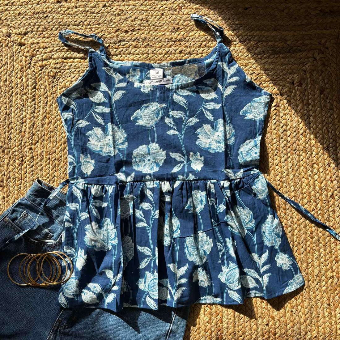 Blue Color Pure Cotton Floral Printed Peplum Step Top For Women