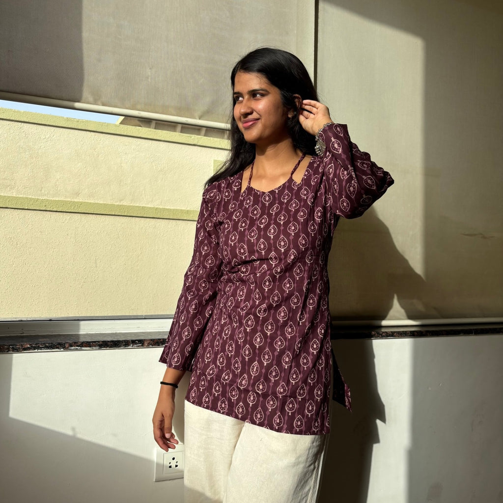 Mahroon Jaipuri Printed Corset Back Kurti Pure Cotton For Women