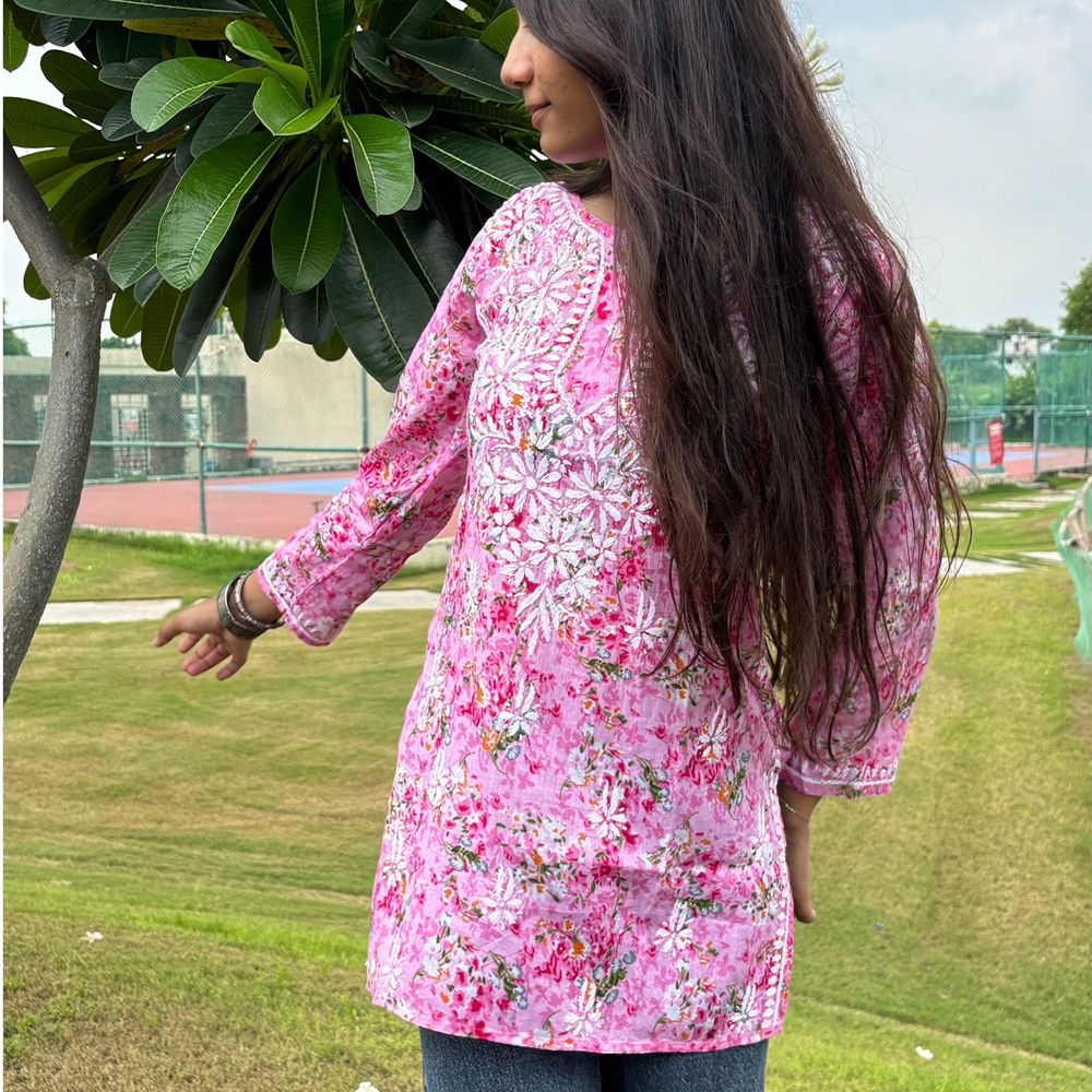 Pink Printed Cotton Chikankari Short Kurti For Women