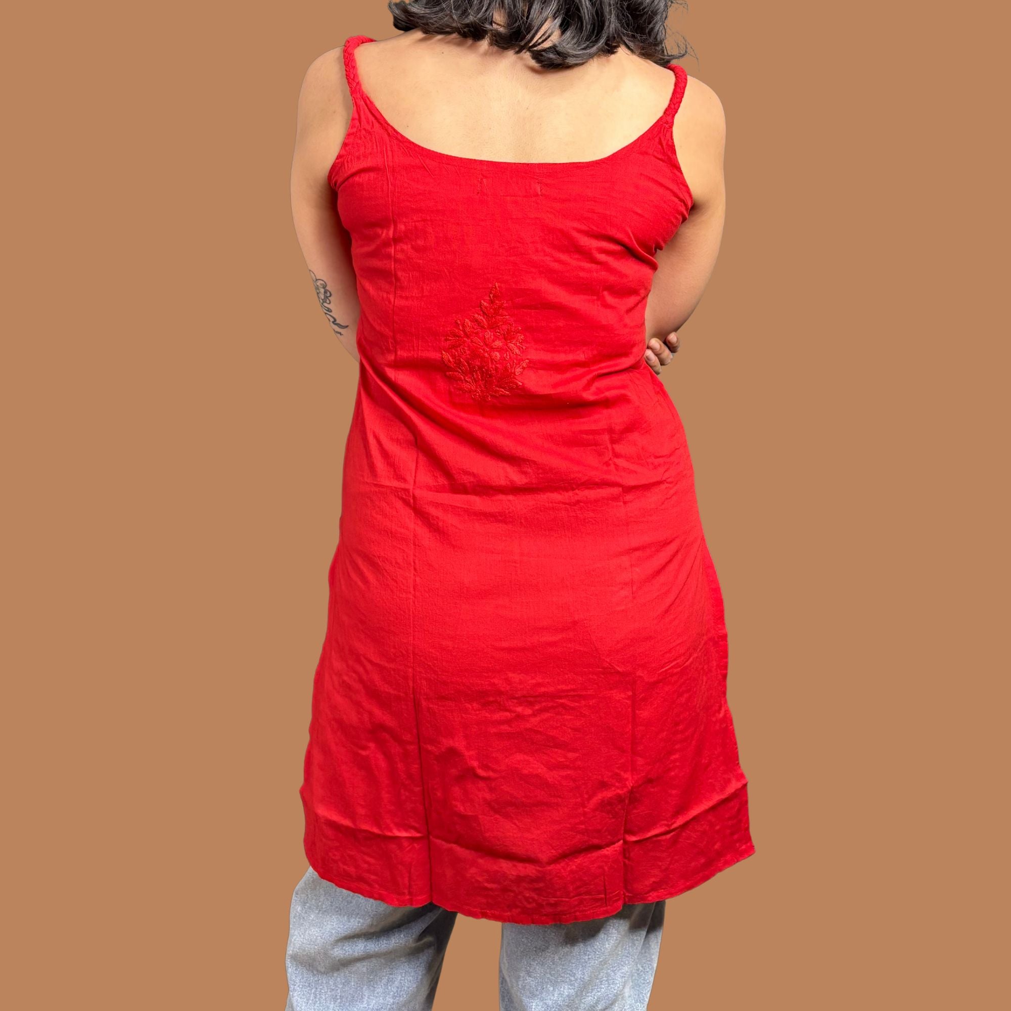 Pure Cotton Red Strap Chikankari Straight Kurta For Women