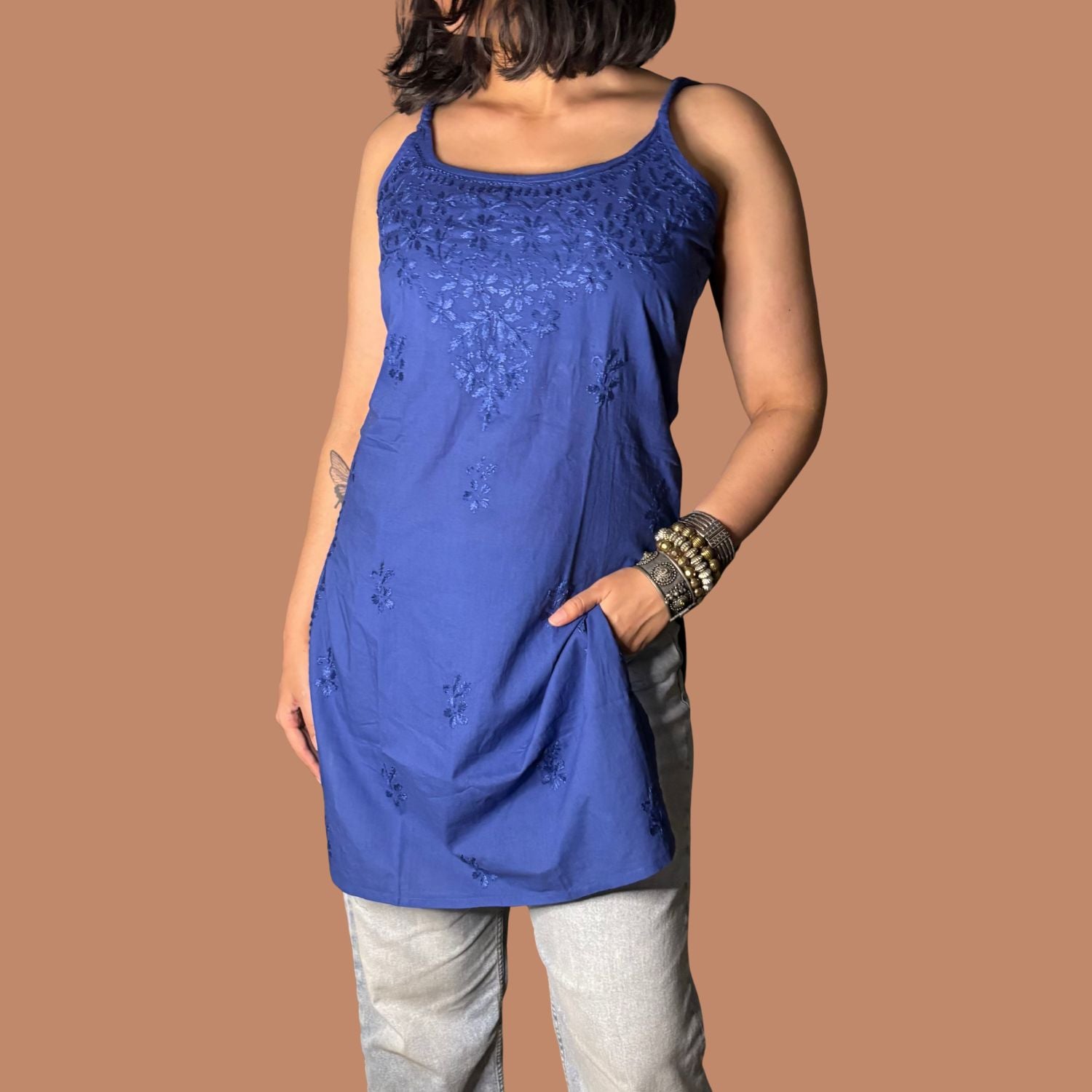 Women's Blue Chikankari Cotton Strap Straight Kurta
