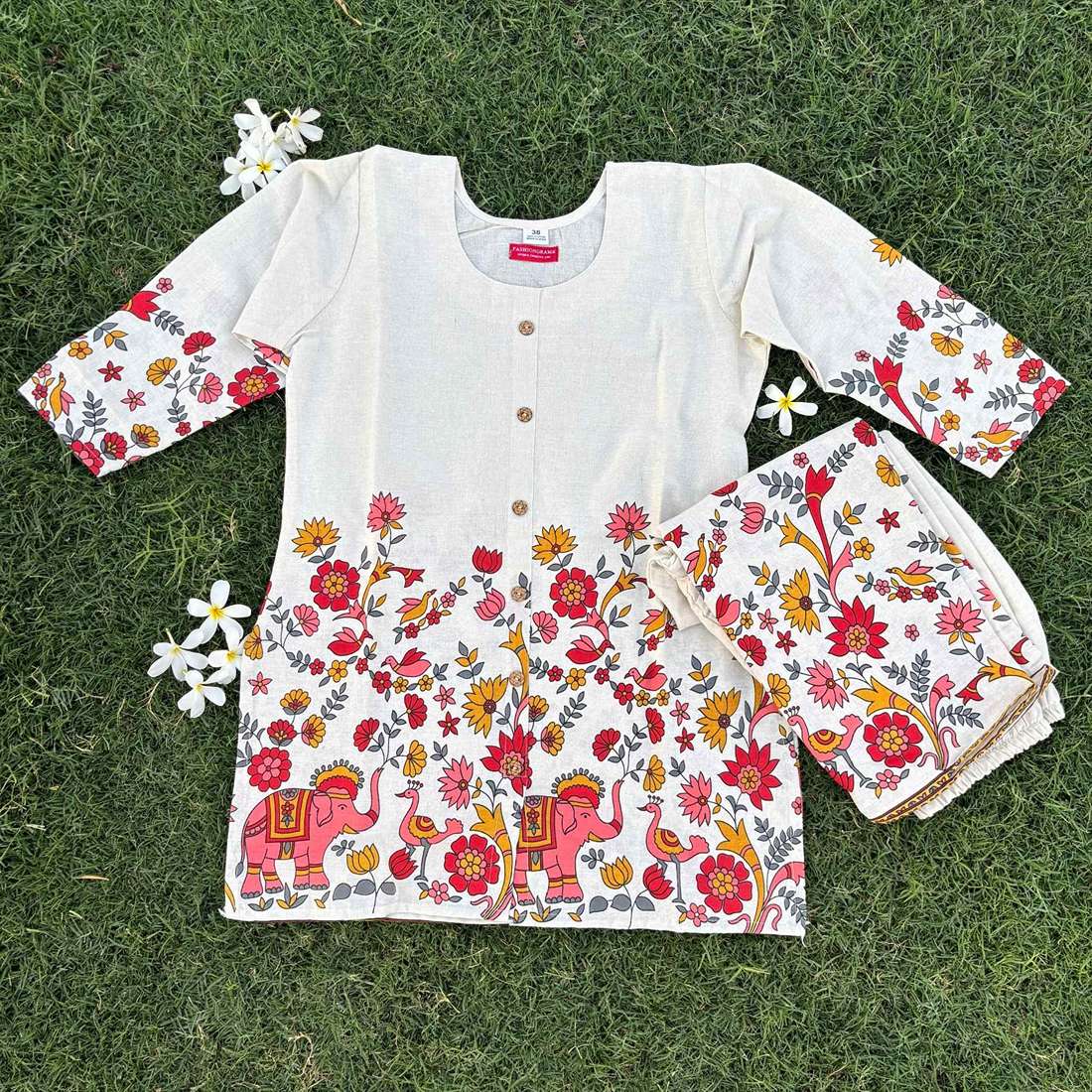 Beige Printed Pure Cotton Co-ord Set For Women