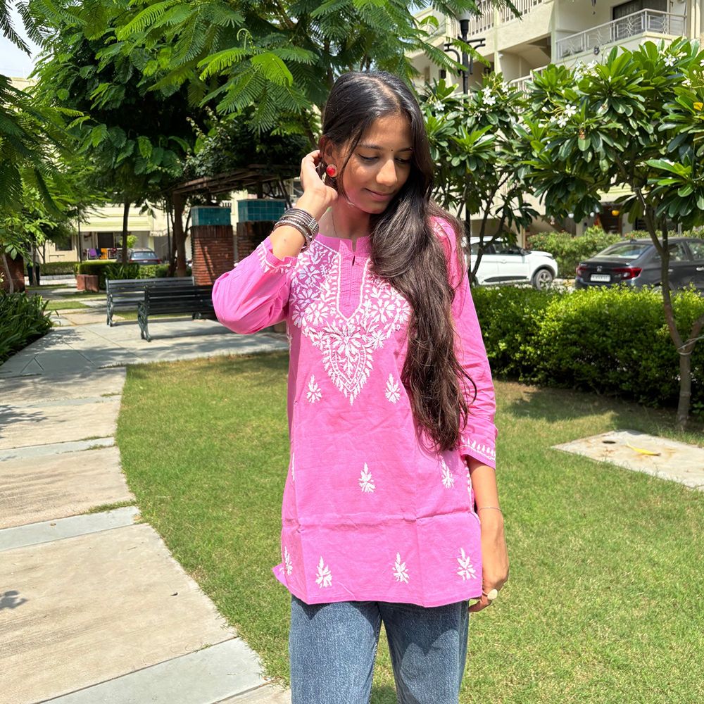 Women's Pure Cotton Pink Original Hand Chikankari Work Short Kurta