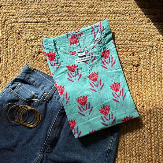 Aqua Color Pure Cotton 3/4th Sleeves Printed Short Kurti For Women