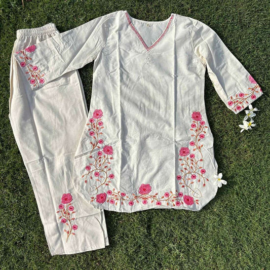 White Color Co-Ord Set With Floral Pink Embroidery On Kurti & Pant For Women