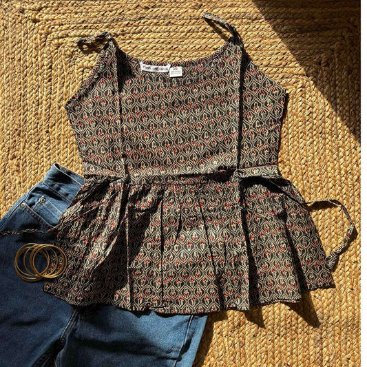 Black Cotton Printed Peplum Step Top For Women Sleeveless