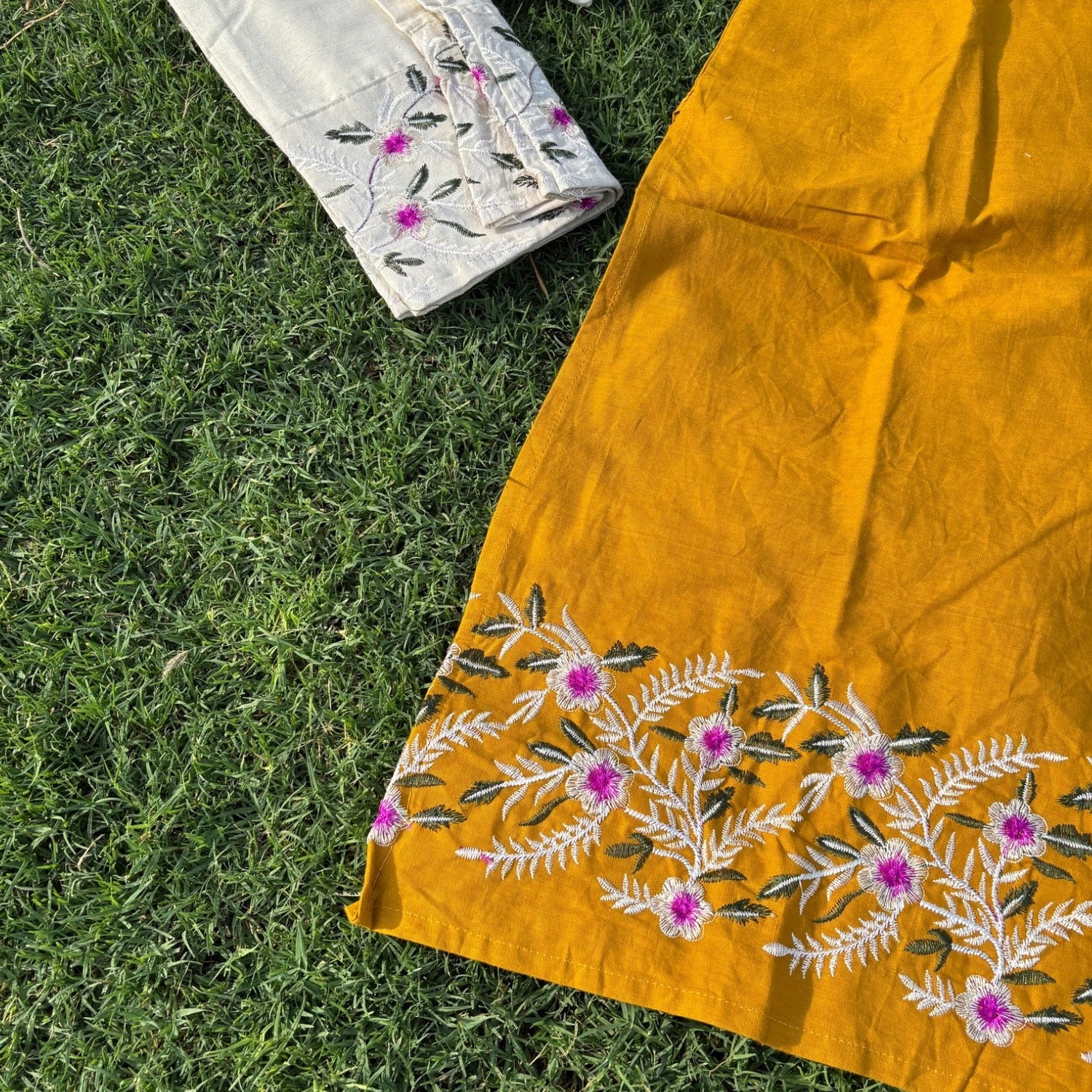 Pure Cotton Mustard Co-ord Set With Embroidery Detail For Women