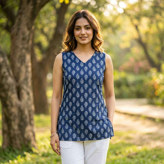 Cut Sleeves Pure Cotton Blue Color Jaipuri Print Short Kurti For Women
