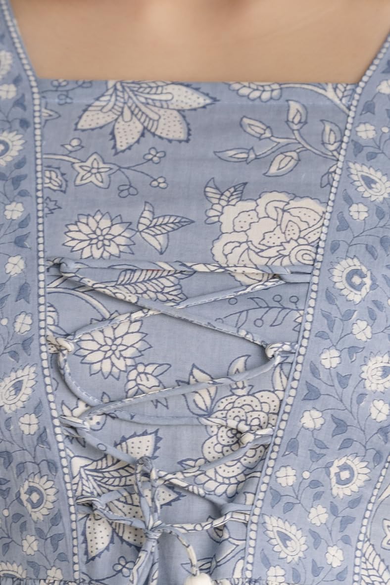 Light Blue Jaipuri Print Cotton Peplum Top For Women