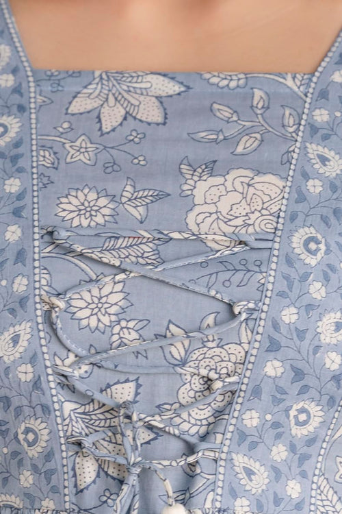 Light Blue Jaipuri Print Cotton Peplum Top For Women