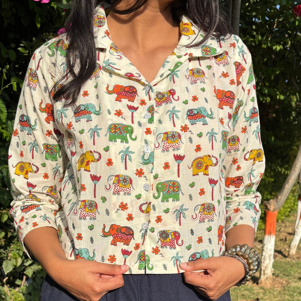 Pure Cotton Elephant Print Multi Color Crop Shirt For Women