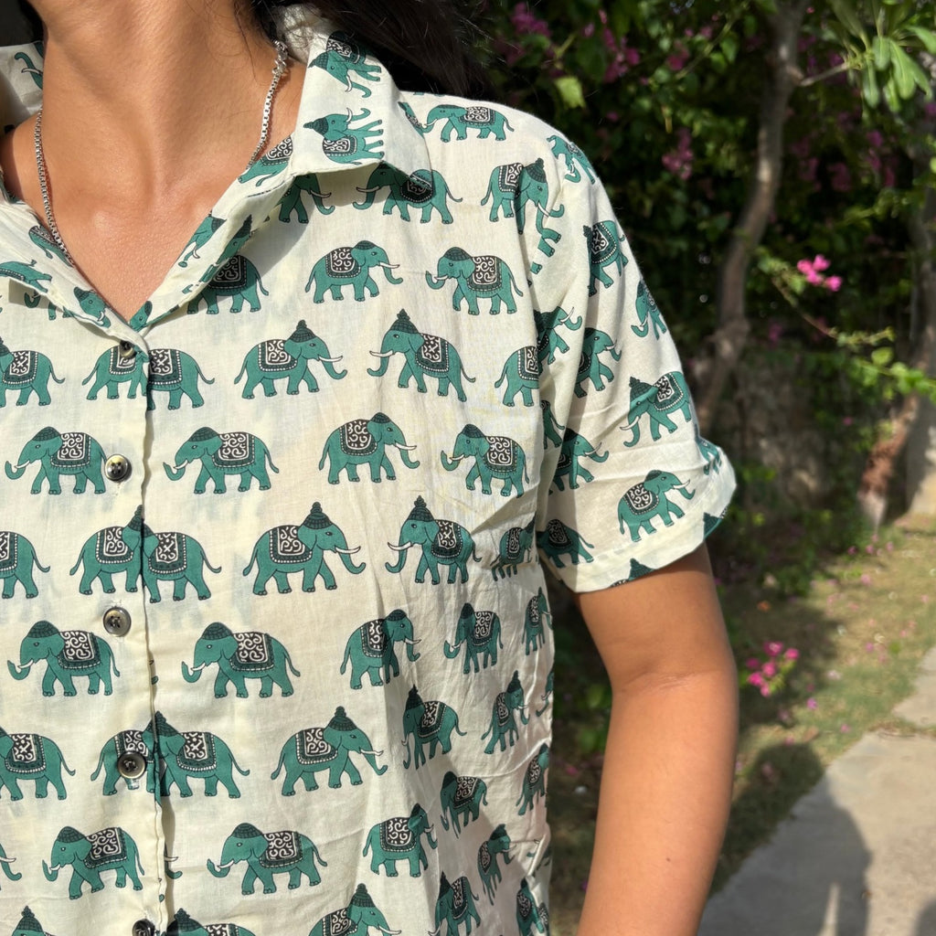 Crop Shirt Pure Cotton Elephant Print Green Color For Women