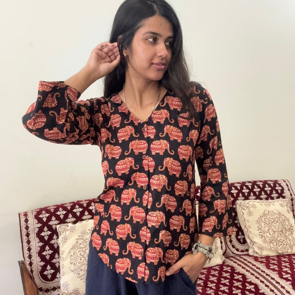 Black Pure Cotton Bell Sleeves Elephant Print Short Kurti With Corset Back For Women