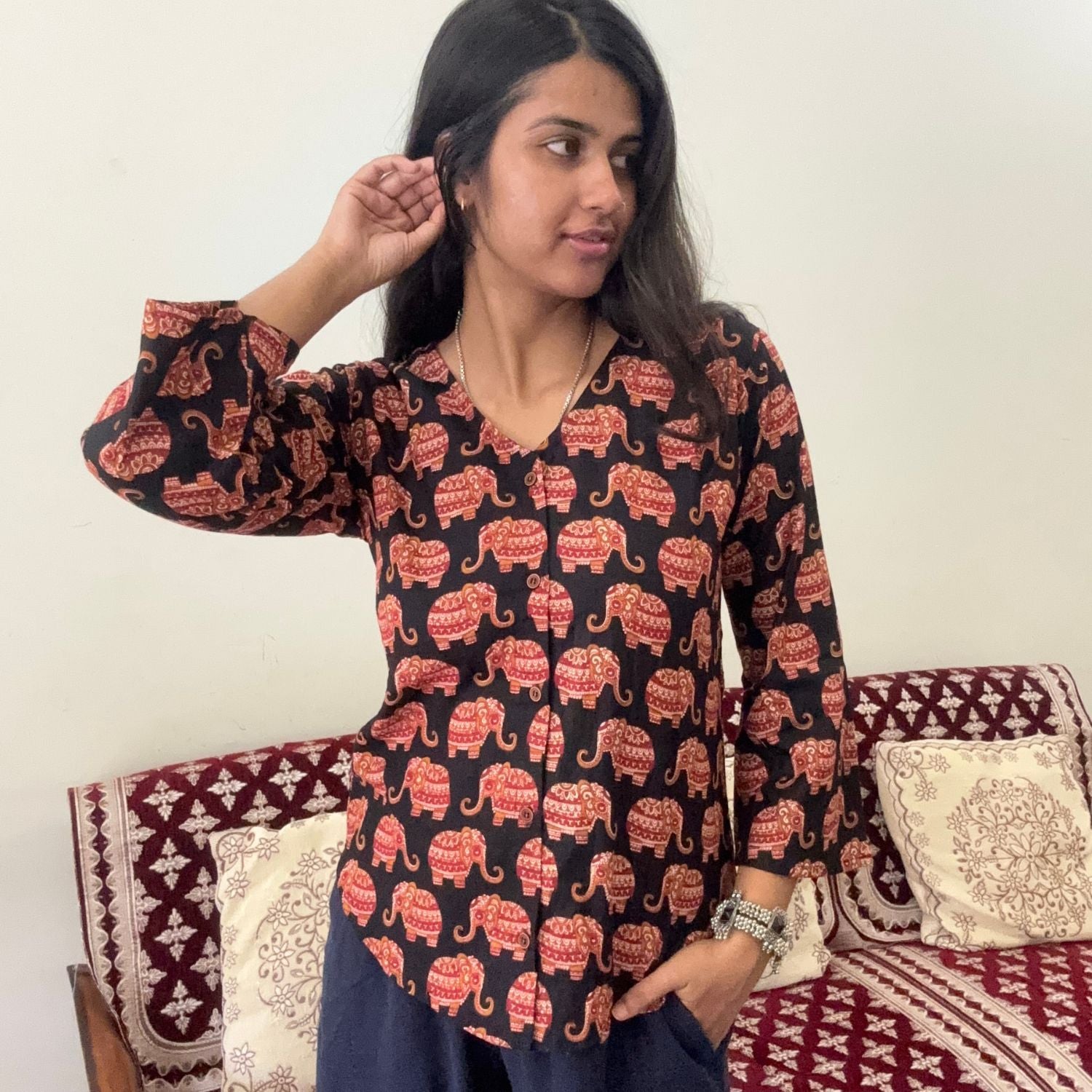 Black Pure Cotton Bell Sleeves Elephant Print Short Kurti With Corset Back For Women