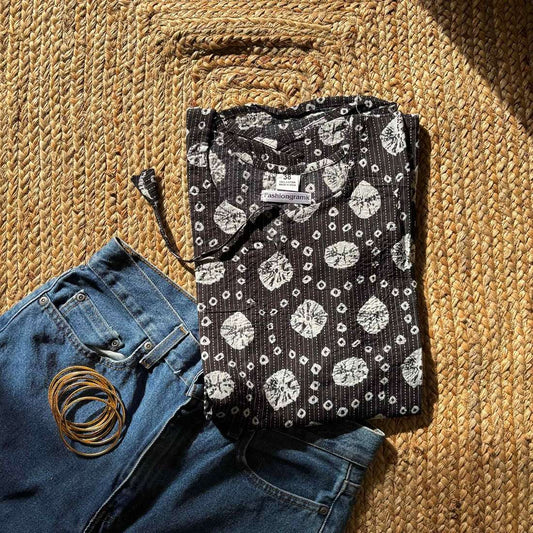 Black Pure Cotton 3/4th Sleeves Kantha Work Short Kurti For Women