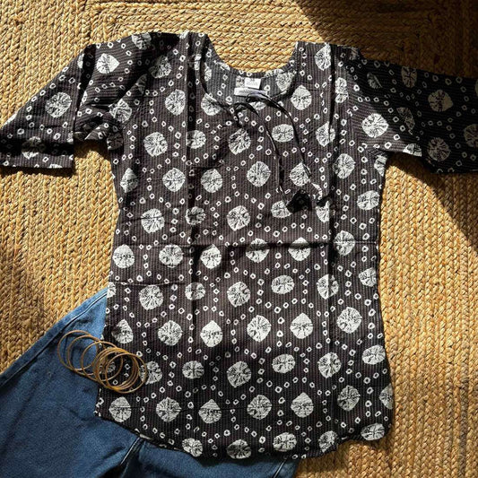 Black Pure Cotton 3/4th Sleeves Kantha Work Short Kurti For Women