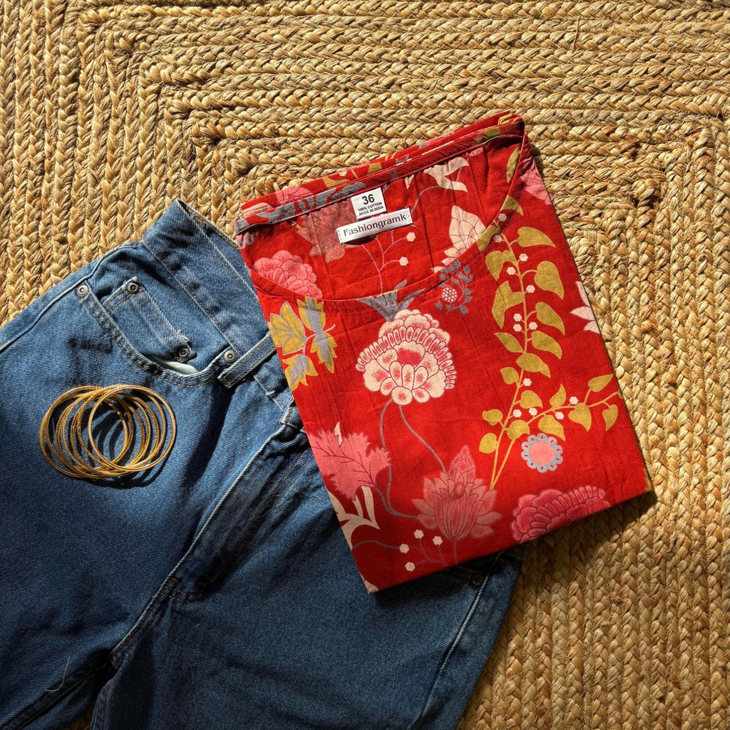 Red Color Sleeveless Floral Print Pure Cotton knot Kurta For Women