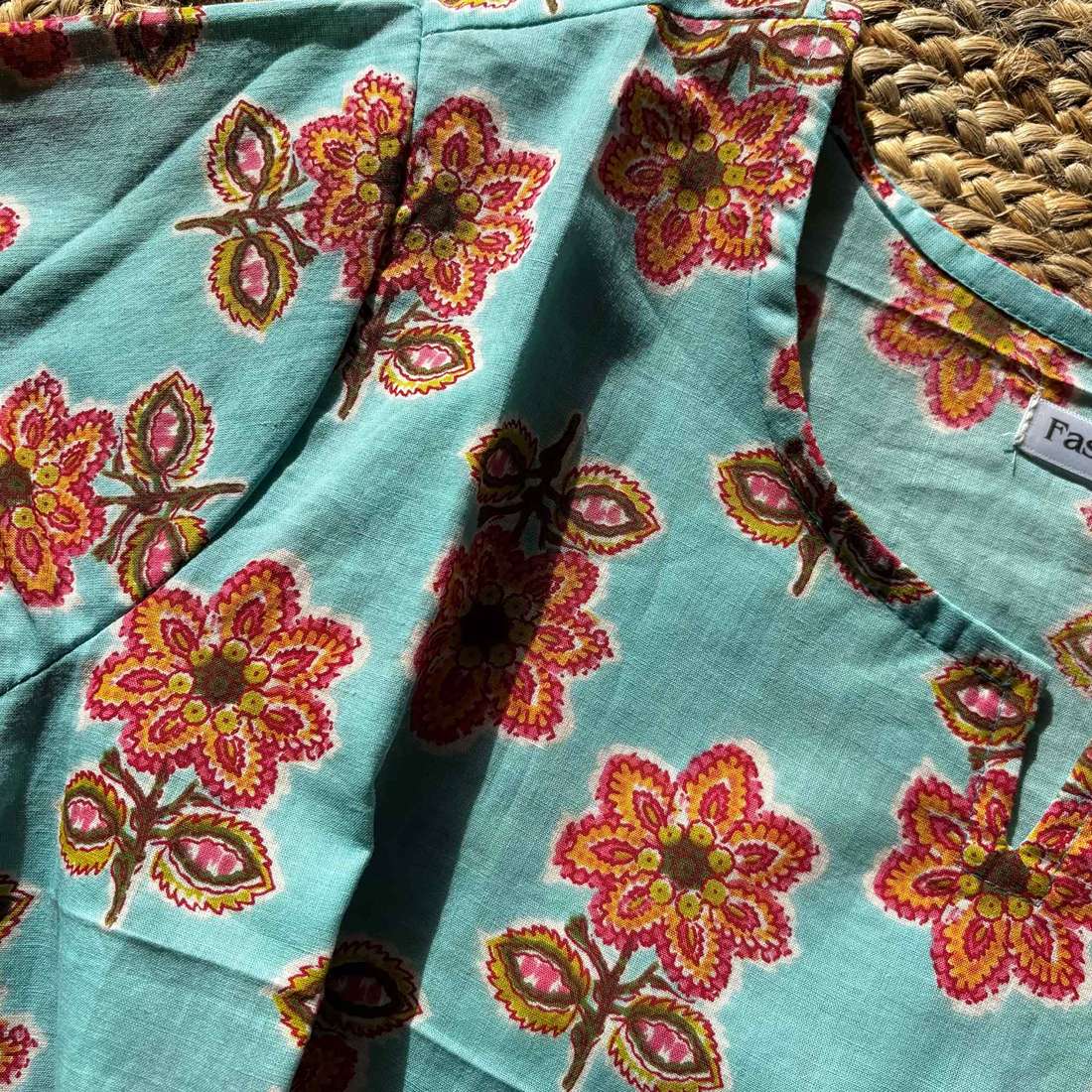 Floral Print Aqua Color Pure Cotton 3/4th Sleeves Short Kurti For Women