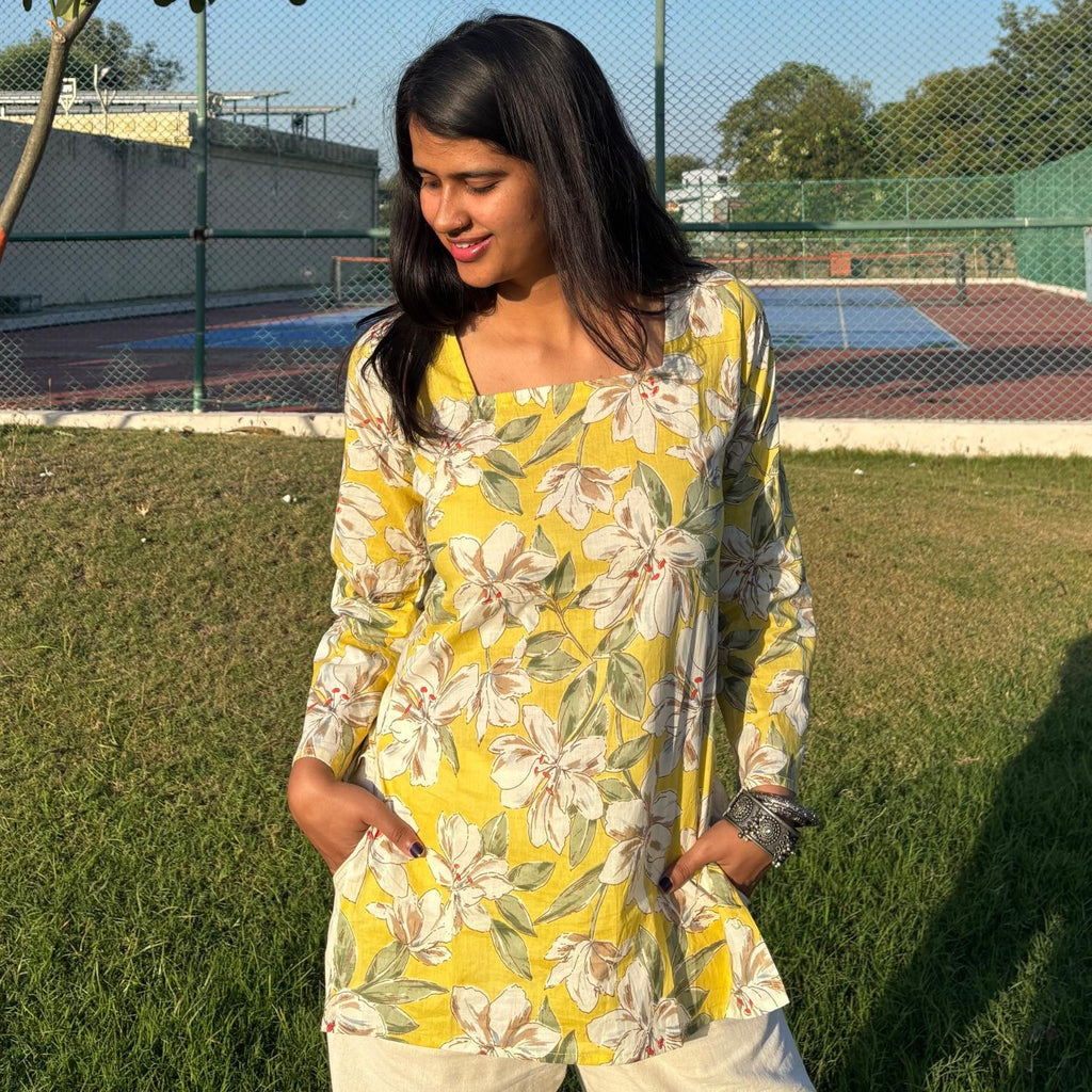 Pure Cotton Full Sleeves Yellow Floral Printed Short Kurti With Back Zig Zag Dori