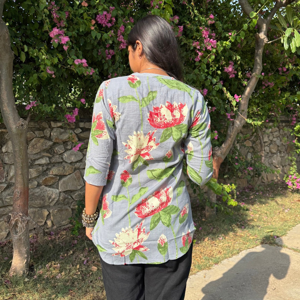 Grey Color Pure Cotton 3/4th Sleeves Kantha Work Floral Print Short Kurti For Women