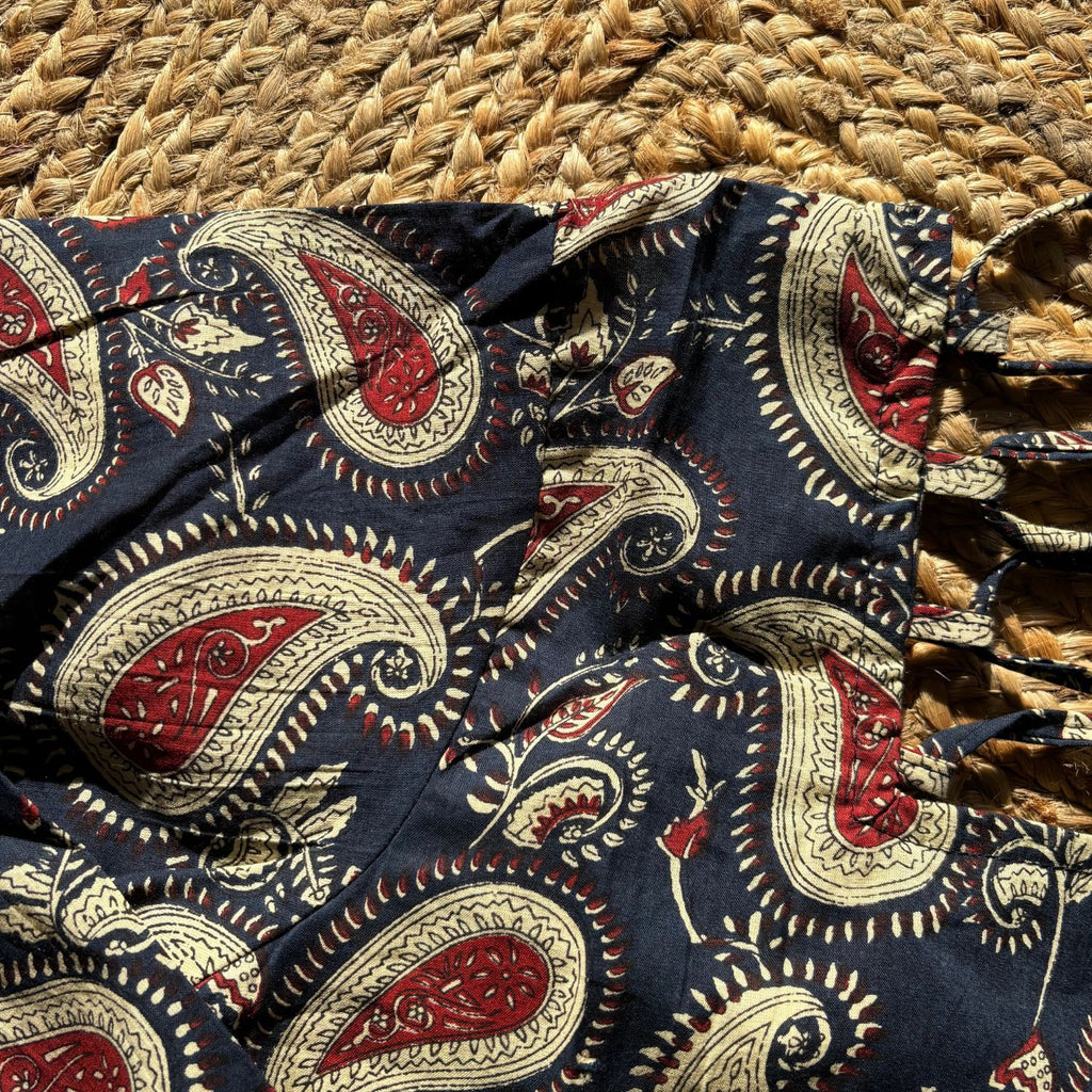 Dark Blue Pure Cotton Full Sleeves Jaipuri PrintShort Kurti With Back Zig Zag Dori For Women