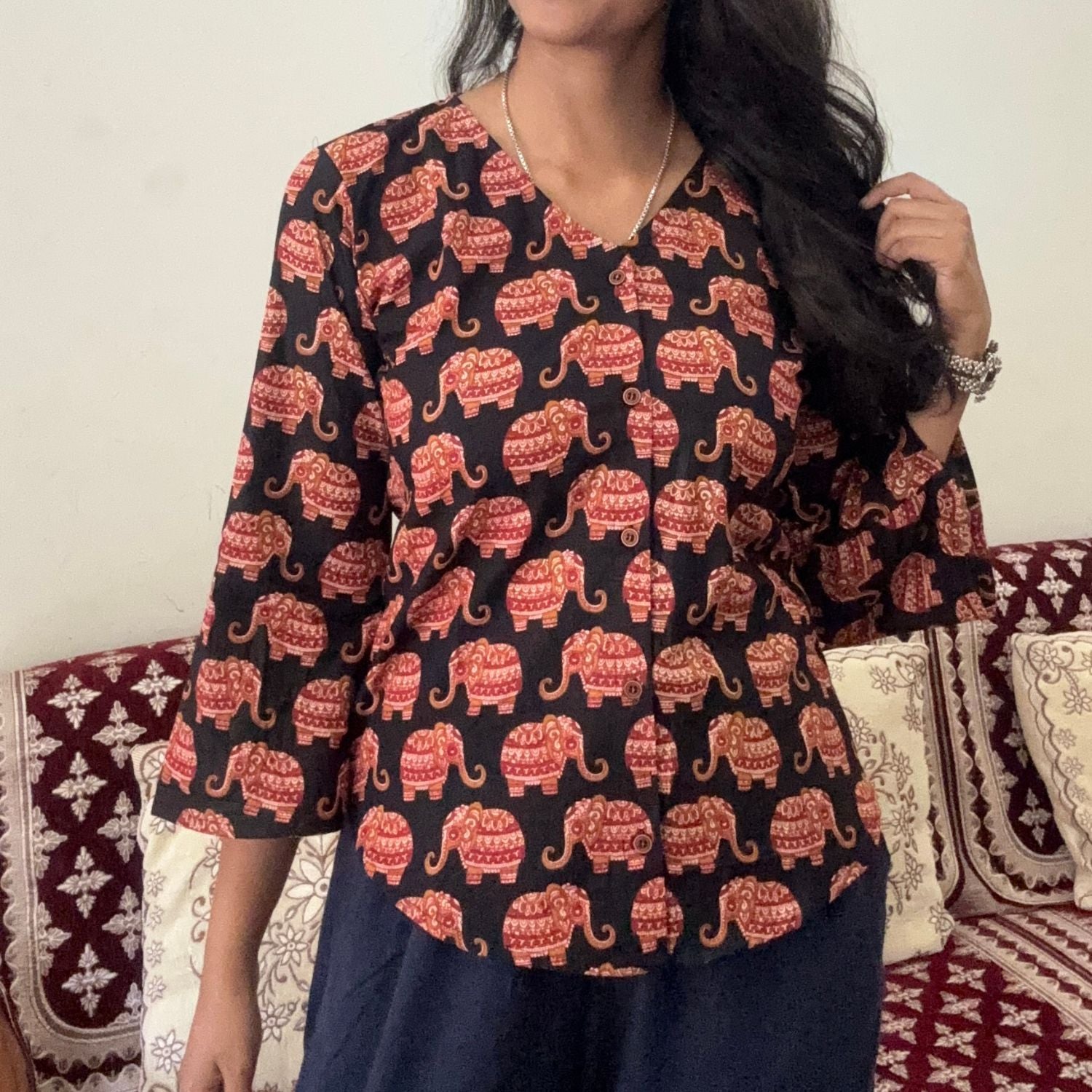 Black Pure Cotton Bell Sleeves Elephant Print Short Kurti With Corset Back For Women