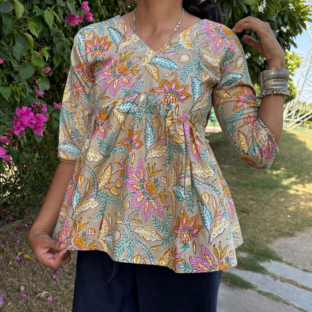 Pure Cotton Alia Cut Floral Printed Short Kurti For Women