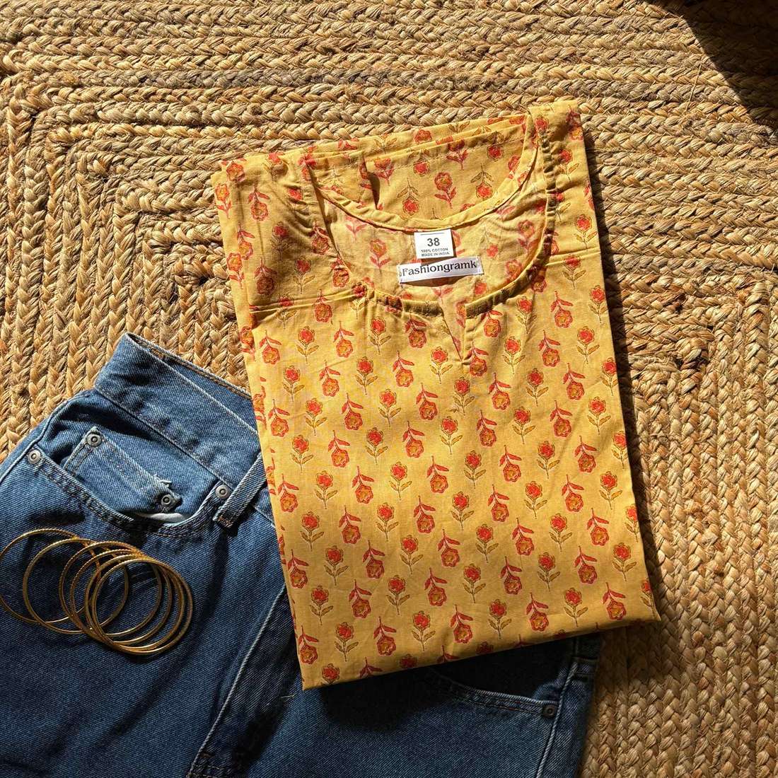 Yellow Color Pure Cotton 3/4th Sleeves Printed Short Kurti For Women