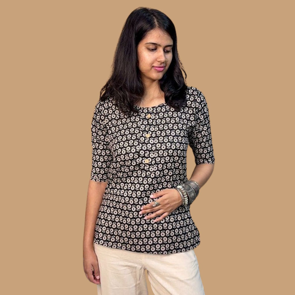 Daily Wear Black Printed Short Kurti For Women