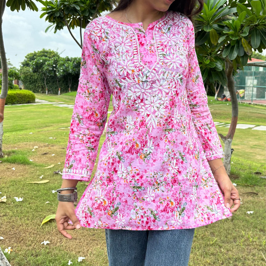 Pink Lucknowi Chikankari Printed Cotton Short Kurti For Women