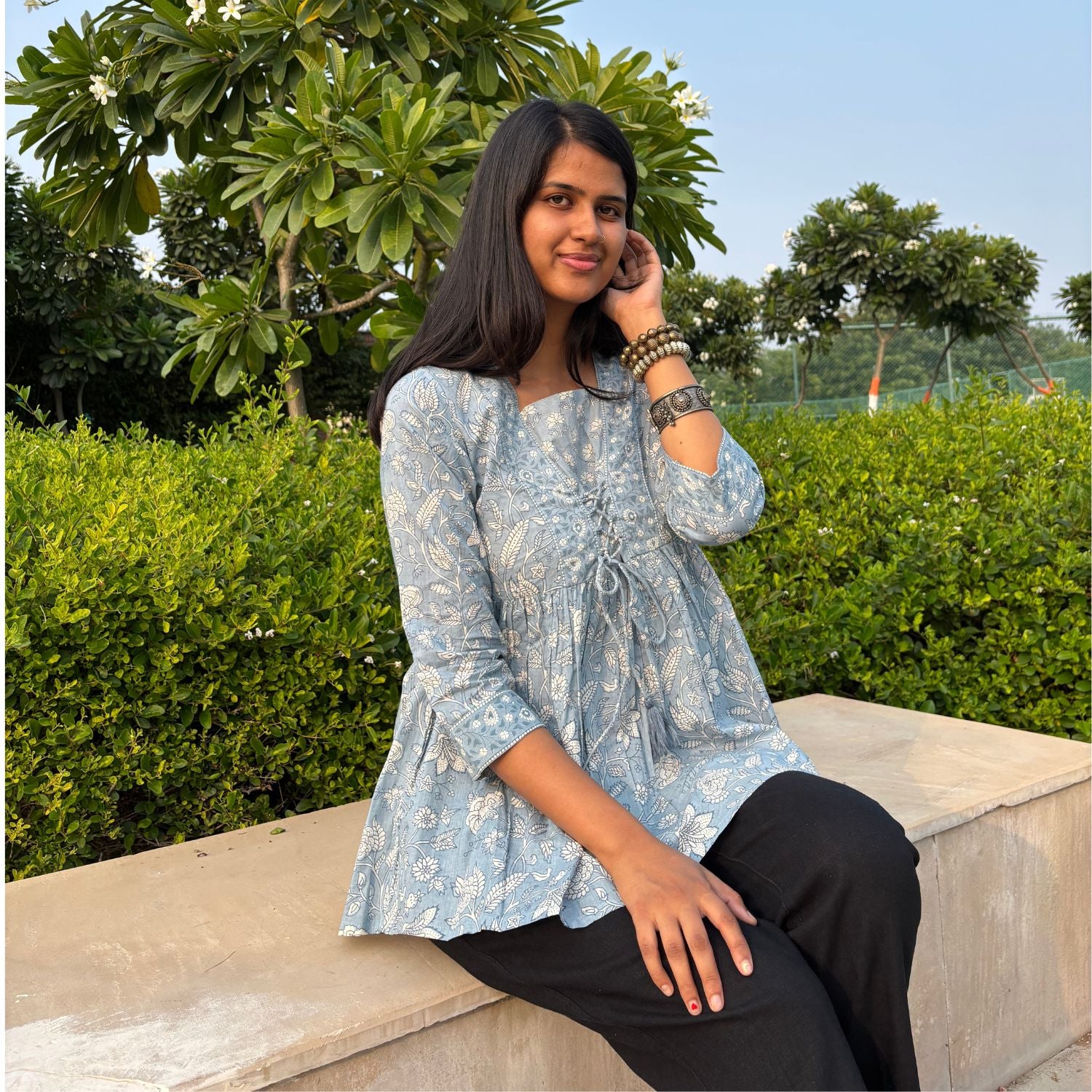 Light Blue Jaipuri Print Cotton Peplum Top For Women