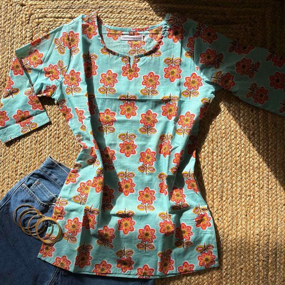 Floral Print Aqua Color Pure Cotton 3/4th Sleeves Short Kurti For Women
