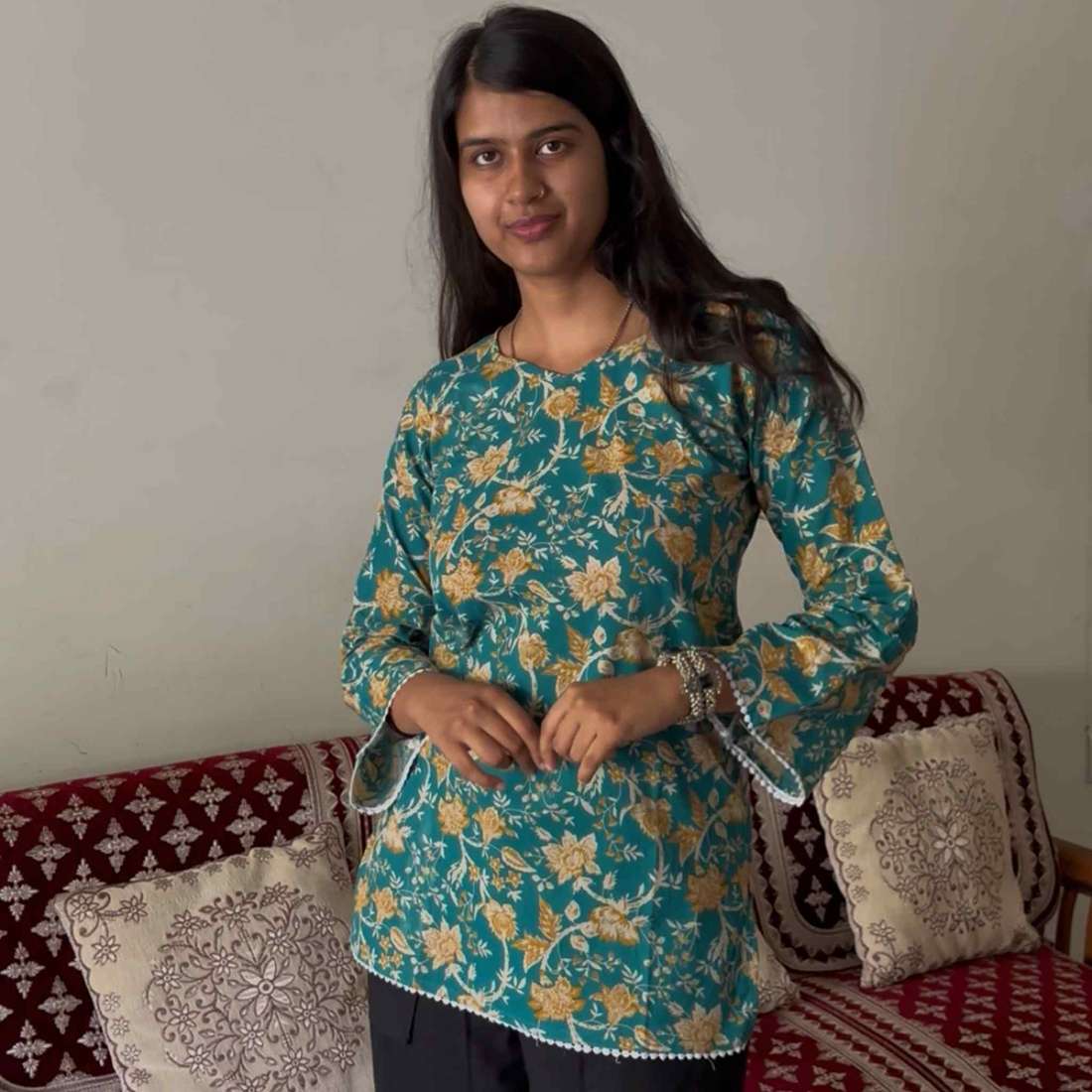 Trending Kurti in Green Color, Bell sleeves For Women