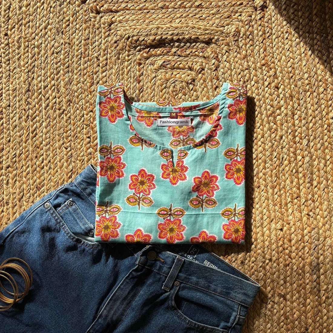 Floral Print Aqua Color Pure Cotton 3/4th Sleeves Short Kurti For Women